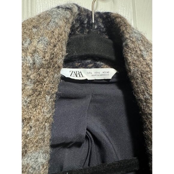 Zara Women's Large Wool Blend Pea Coat Blue Brown Plaid Academia Preppy Career - Picture 5 of 11